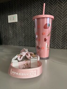 NWT Starbucks Pink Strawberry Tumbler Crossbody Strap RARE